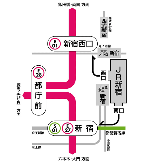 新宿西口駅と新宿駅ののりかえ出口案内図