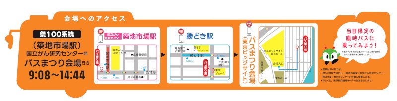 画像：会場へのアクセス 祭100（築地市場駅）国立がん研究センター発バスまつり会場行き 9時8分～14時44分