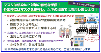 画像：マスクは感染防止対策の有効な手段！外出時にはマスクを携帯し、リスクが高い方がいる場面などでは着用しましょう！