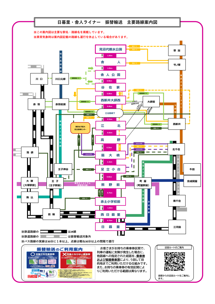 日暮里・舎人ライナー 振替輸送 主要路線案内図