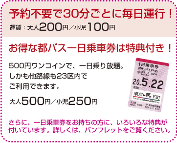 画像：予約不要で30分ごとに毎日運行！お得な都バス一日乗車券は特典付き！