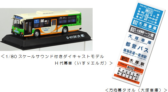 画像：1／80スケールサウンド付きダイキャストモデル H代幕車（いすゞエルガ）& 方向幕タオル（大塚車庫）