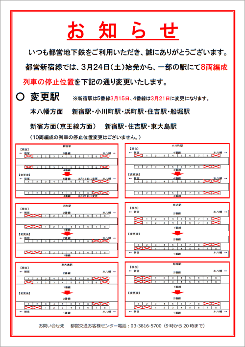 画像：都営新宿線における列車停止位置変更のお知らせ