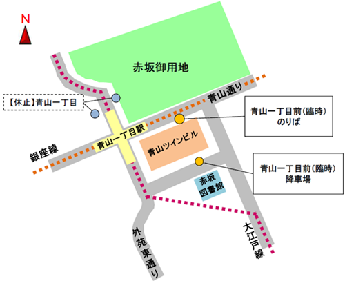 画像：「青山一丁目駅前」臨時停留所位置