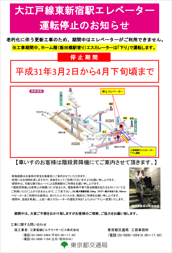ポスター：大江戸線東新宿駅エレベーター運転停止のお知らせ