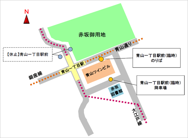 画像：「青山一丁目駅前」臨時停留所位置