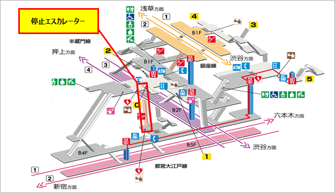 画像：都営大江戸線「青山一丁目駅」におけるエスカレーターの不具合について