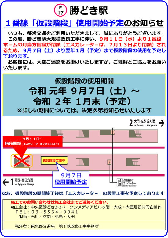 大江戸線勝どき駅1番線ホーム階段閉鎖について