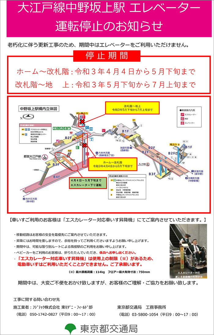 大江戸線中野坂上駅エレベーター更新工事について