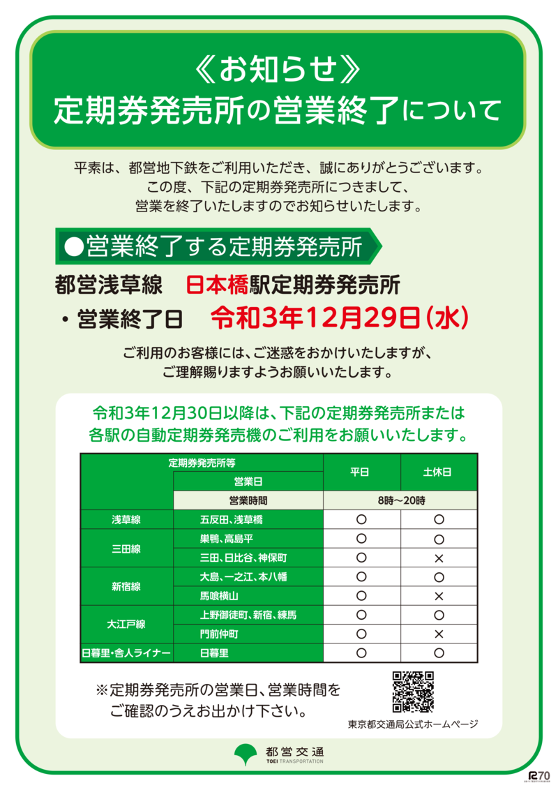 画像：日本橋定期券発売所の営業終了についてのポスター