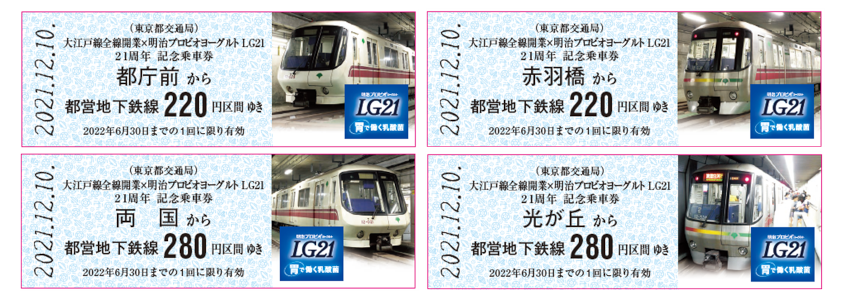 【画像】大江戸線全線開業 × 明治プロビオヨーグルトLG21 21周年 記念乗車券のデザイン