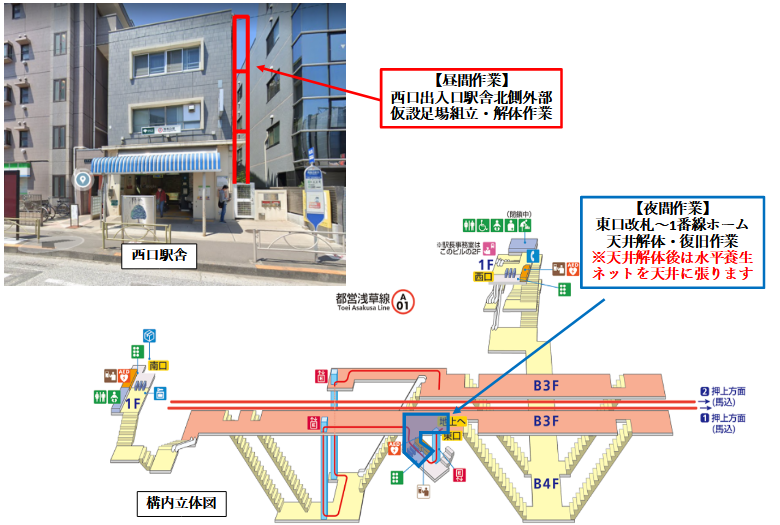 工事範囲を示した画像。【昼間作業】西口出入口駅舎北側外部 仮設足場組立・解体作業 【夜間作業】東口改札～1番線ホーム 天井解体・復旧作業 ※天井解体後は水平養生ネットを天井に張ります