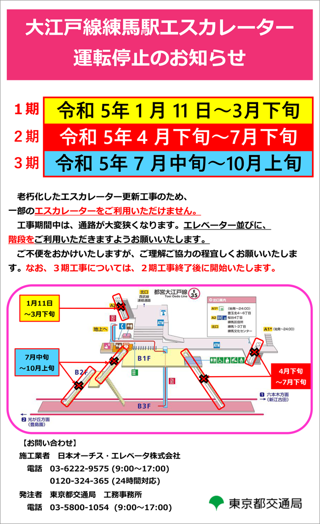 老朽化したエスカレーター更新工事のため、一部のエスカレーターをご利用いただけません。工事期間中は、通路が大変狭くなります。エレベーター並びに、階段をご利用いただきますようお願いいたします。