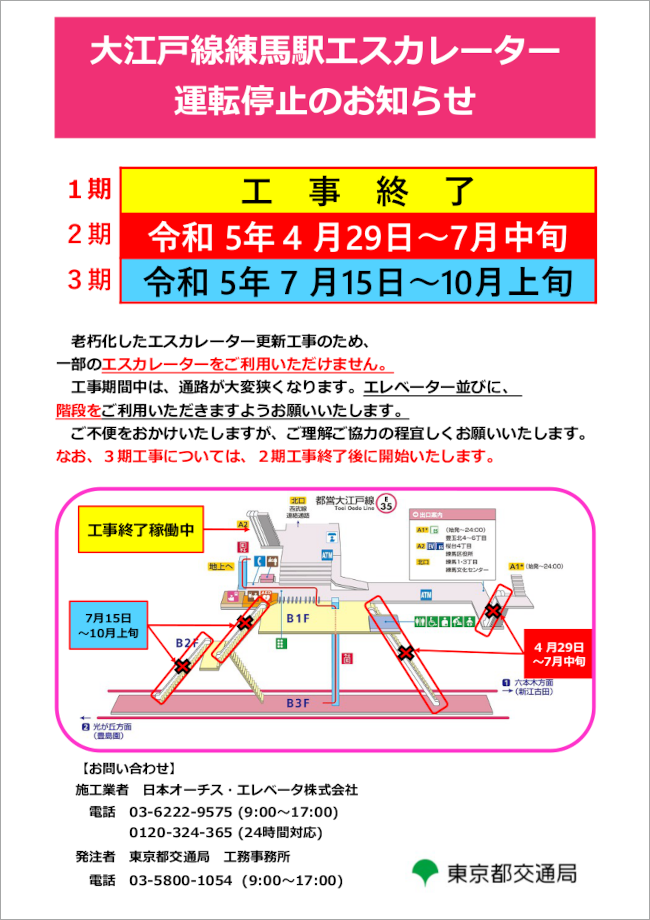 老朽化したエスカレーター更新工事のため、一部のエスカレーターをご利用いただけません。工事期間中は、通路が大変狭くなります。エレベーター並びに、 
  階段をご利用いただきますようお願いいたします。ご不便をおかけいたしますが、ご理解ご協力の程宜しくお願いいたします。なお、3期工事については、2期工事終了後に開始いたします。