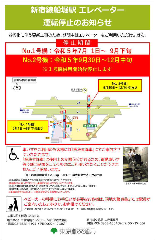 車いすをご利用のお客様には「階段昇降車」にてご案内させていただきます。「階段昇降車」は使用上の制限（※）があるため、電動車いす等で該当制限をこえるものはご利用いただくことができません。ご了承願います。（※）最大積載荷重：230kg フロアー最大有効寸法：750mm・移動経路はお客様の安全を最優先にご案内させていただきます。・隣接駅を利用しての折り返し乗車をお願いすることがございます。・昇降には時間を要しますので、余裕を持ってご利用くださいますようお願い申し上げます。・期間中は、可能な限り隣接駅のご利用も併せてお願い申し上げます。※工事の進捗状況により、工期が変更となる場合もございます。ベビーカーの移動にお手伝いが必要なお客様は、現地の警備員または駅員がご案内いたしますので、お声掛けください。・ご案内は、お子様を降ろしていただいた上でのベビーカー本体、お荷物等の運搬となります。