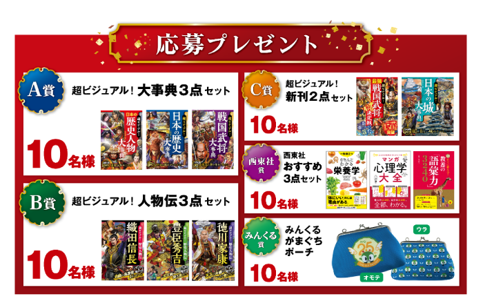 画像：応募プレゼントのイメージ A賞：超ビジュアル！大辞典3点セット10名様 B賞：超ビジュアル！人物伝3点セット10名様 C賞：超ビジュアル！新刊2点セット10名様 西東社賞：西東社おすすめ3点セット10名様 みんくる賞：みんくるがまぐちポーチ10名様