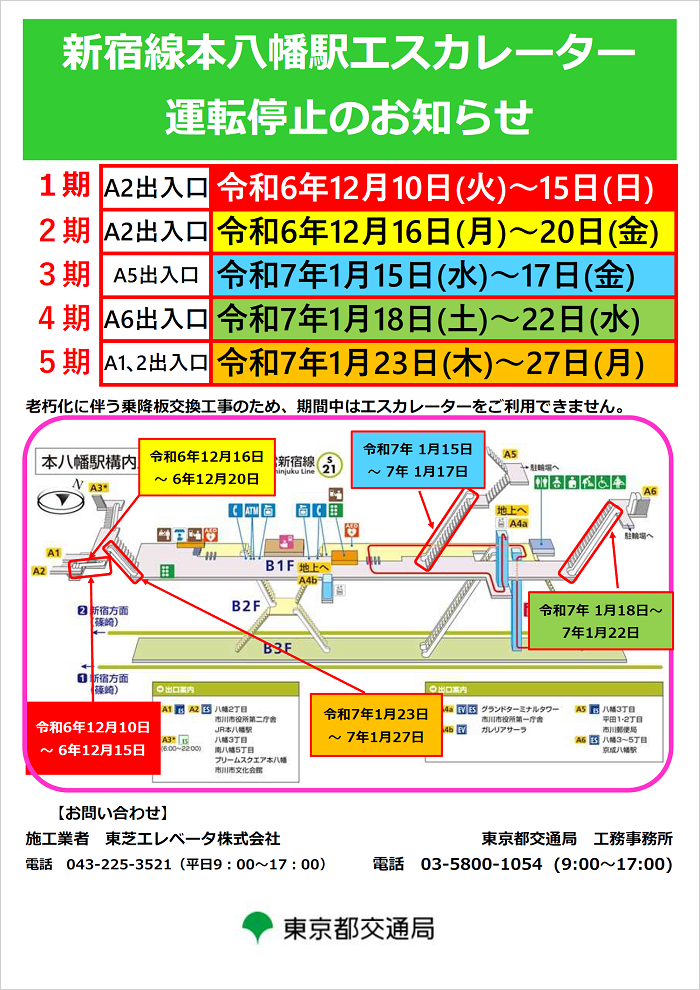 画像：新宿線本八幡駅エスカレーター運転停止のお知らせ