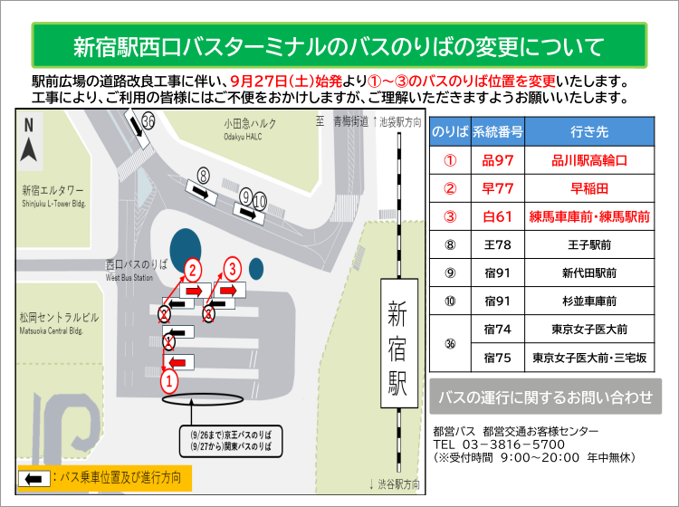 画像：新宿駅西口バスターミナルのバスのりばの変更について 9月27日（土）始発より①～③のバスのりば位置を変更いたします。 ①品97：品川駅高輪口行き ②早77：早稲田行き ③白61：練馬車庫前・練馬駅前行き