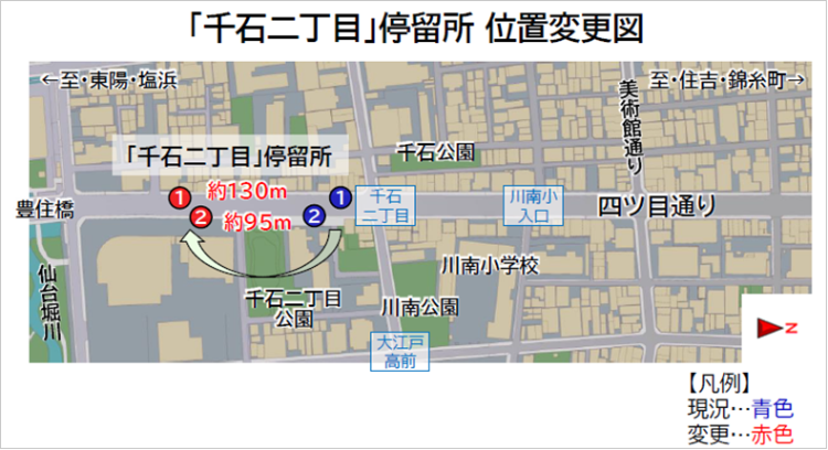 「千石二丁目」停留所 位置変更図 約95mから130m南に移動