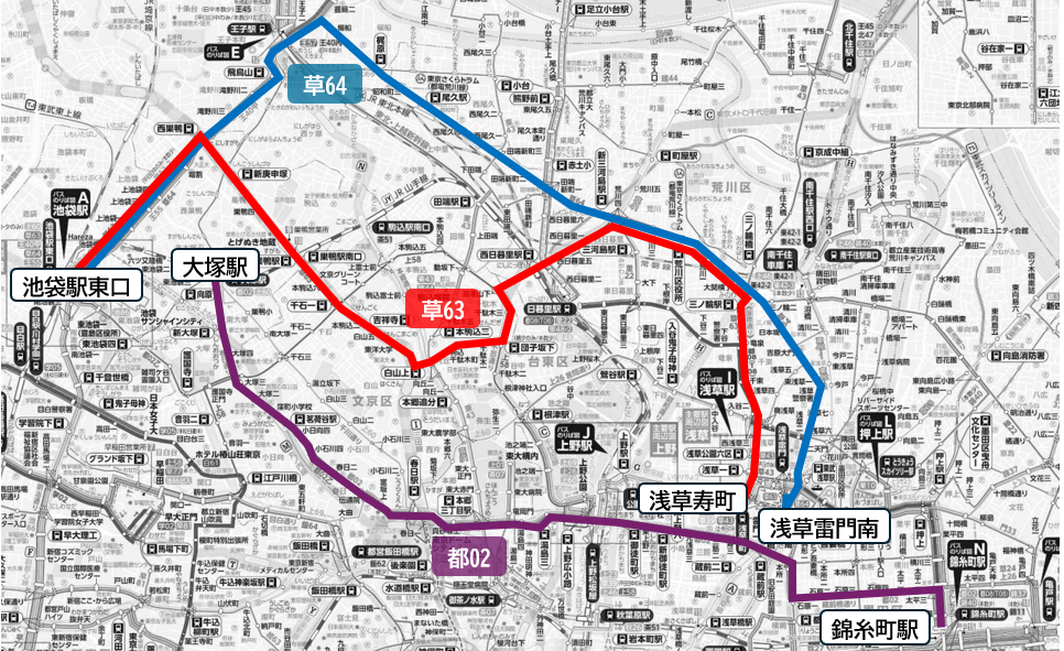 画像:運行ルート図 都02(大塚駅~錦糸町駅間)、草63(池袋駅東口~浅草寿町間)、草64(池袋駅東口~浅草雷門南間)