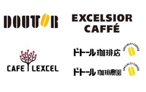 画像：対象店舗一覧（ドトールコーヒーショップ、エクセルシオール カフェ、カフェ レクセル、ドトール珈琲店、ドトール珈琲農園）