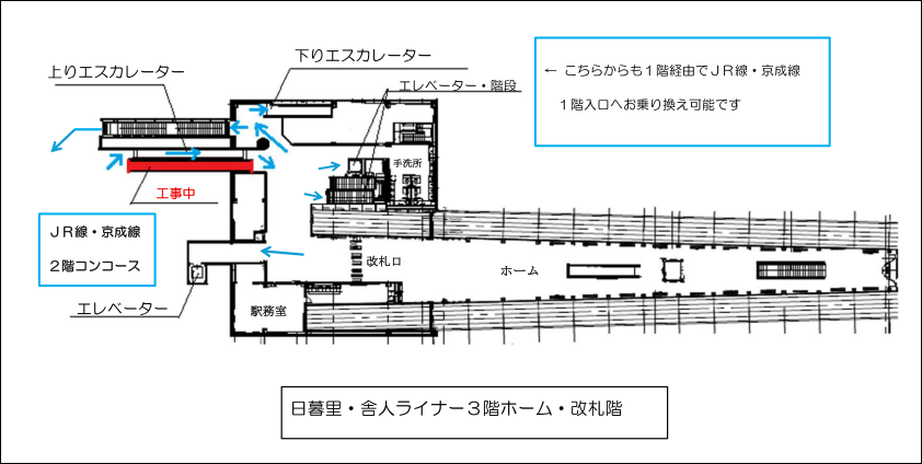 日暮里・舎人ライナー3階ホーム・改札階構内図