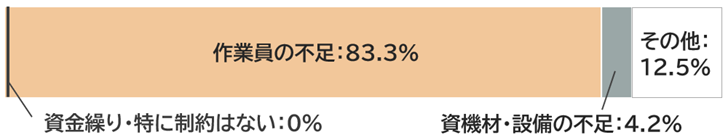 資金繰り・特に制約はない:0%、作業員の不足:83.3%、資機材・設備の不足:4.2%、その他:12.5%