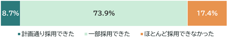 計画通り採用できた:8.7%、一部採用できた:73.9%、ほとんど採用できなかった:17.4%