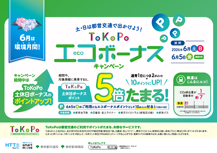 画像:6月は環境月間! 土・日は都営交通で出かけよう!ToKoPoエコボーナスキャンペーン