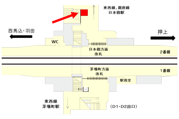 設置場所を示した画像。店舗の位置は都営浅草線日本橋駅・日本橋方面改札を出て左側。