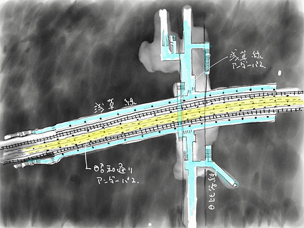 浅草線、日比谷線の立体交差のイラスト