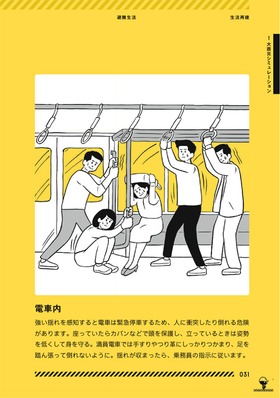 地震が起きた際の電車内での体勢など。（東京防災ブックより引用）