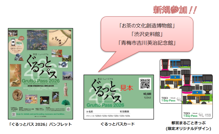 画像：ぐるっとパス（見本） 新規参加！！ 「お茶の文化創造博物館」「渋沢史料館」「青梅市吉川英治記念館」