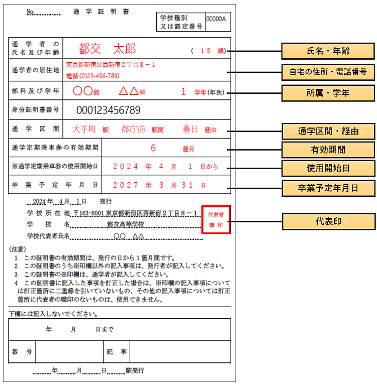 画像：通学証明書の見本